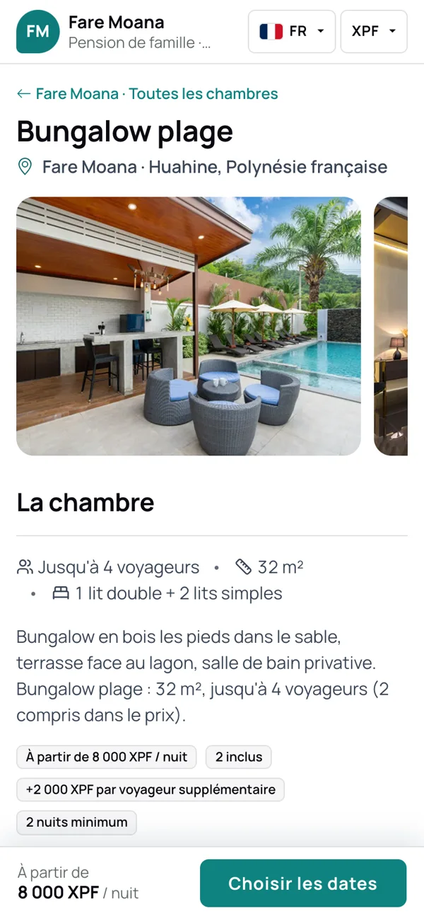 Page d'une chambre sur la vitrine d'une pension, sur téléphone
